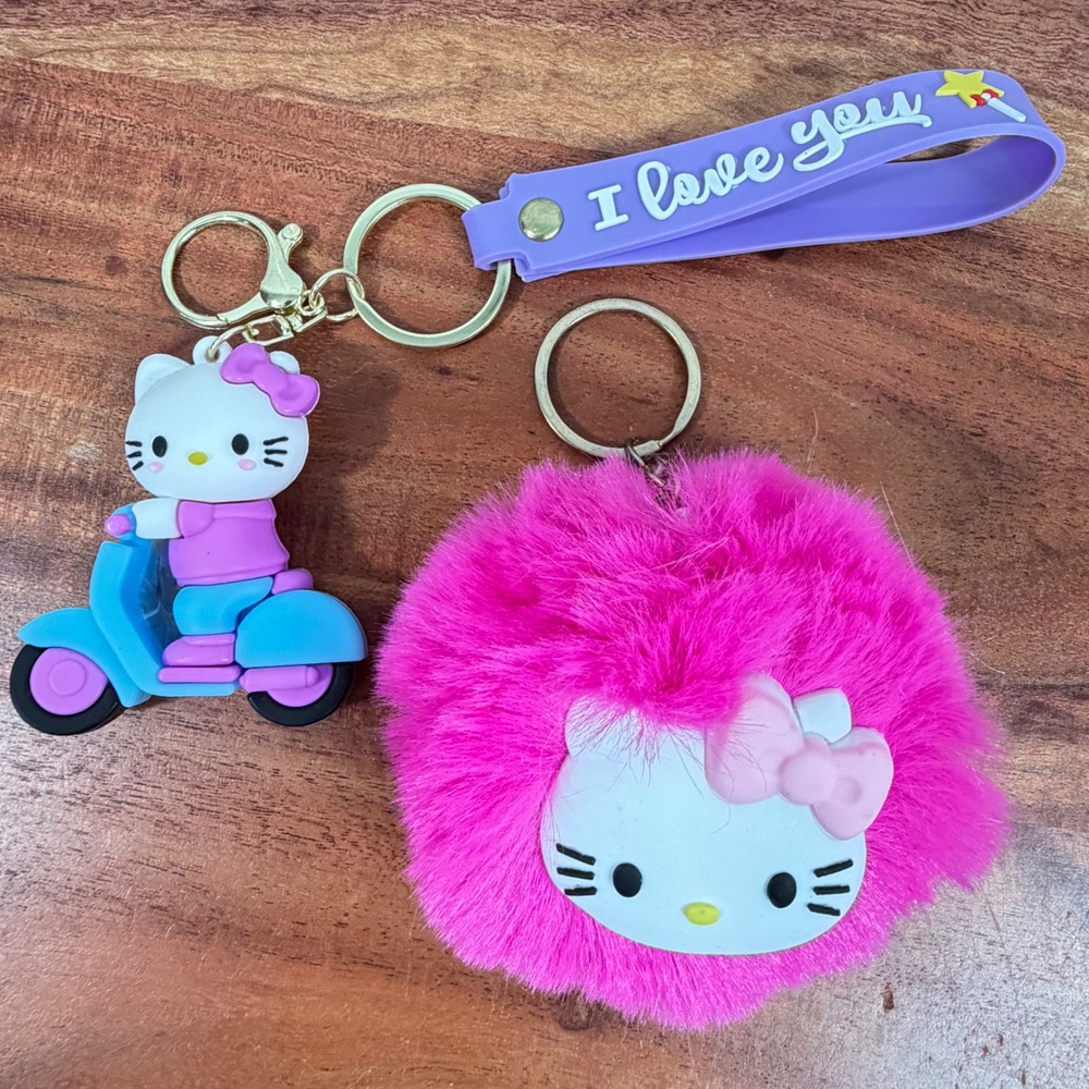 Sanrio Hello Kitty Keychain 2p Set Pink Pom Pom & Scooter Figure Purple Wristlet